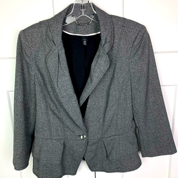 White House Black Market Size 8 Herringbone Jacket Single Button Ruffle Back 3/4 - Picture 1 of 8